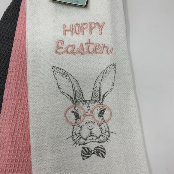 Farmhouse Easter Kitchen Towels Spring Holiday Bunny Rabbit Home Decor Pink Gray - Picture 3 of 6